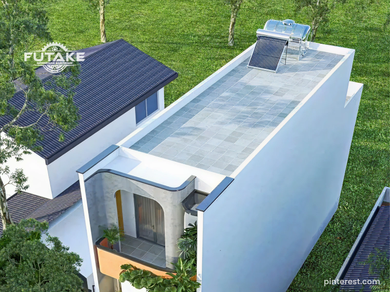 Atap dak beton rumah modern dua lantai dengan konsep rooftop 