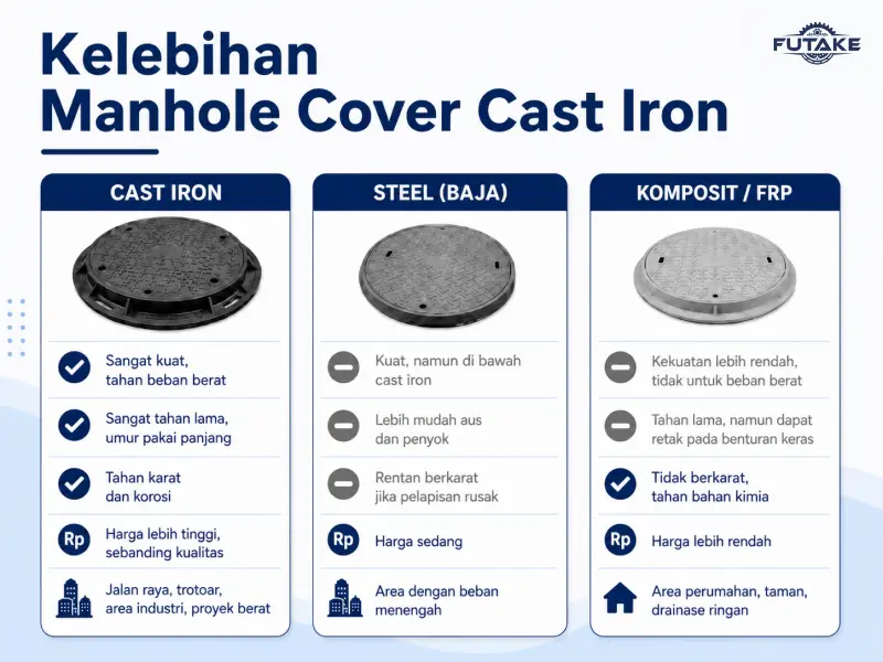 Perbandingan tutup manhole cast iron dengan beton dan baja