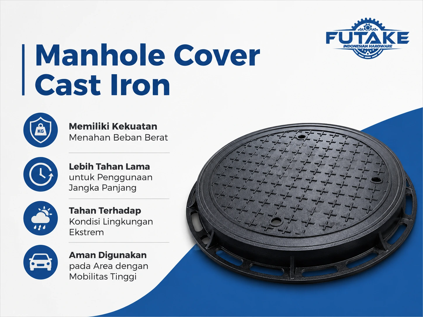 Tutup manhole cast iron kuat untuk area heavy duty dan kendaraan berat